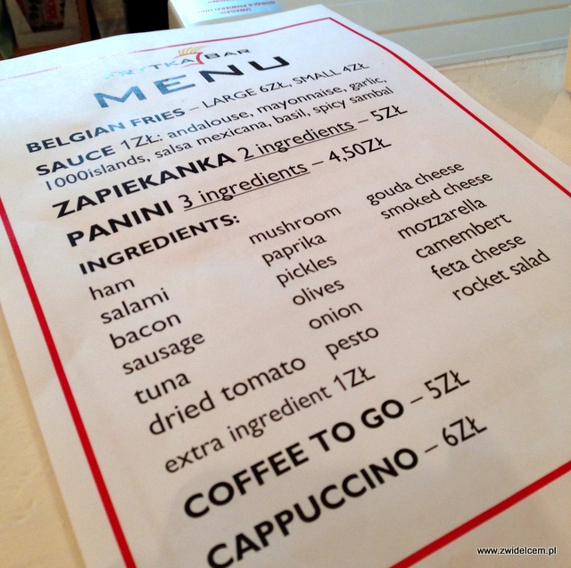 Kraków - Frytka Bar - menu papierowe